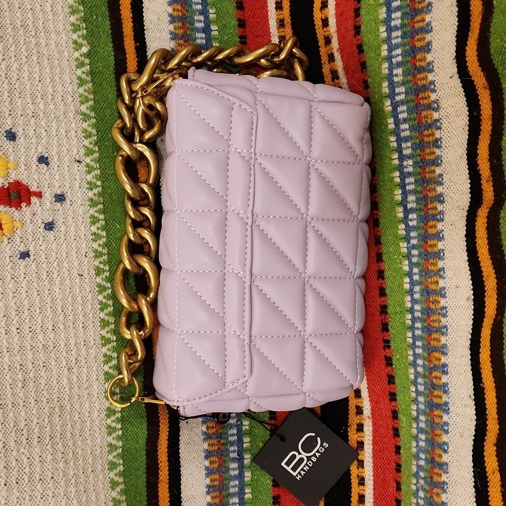 Vegan Leather Quilted Lilac Purple Mini Shoulder Bag with Heavy Brass Chain NWT - Picture 4 of 7